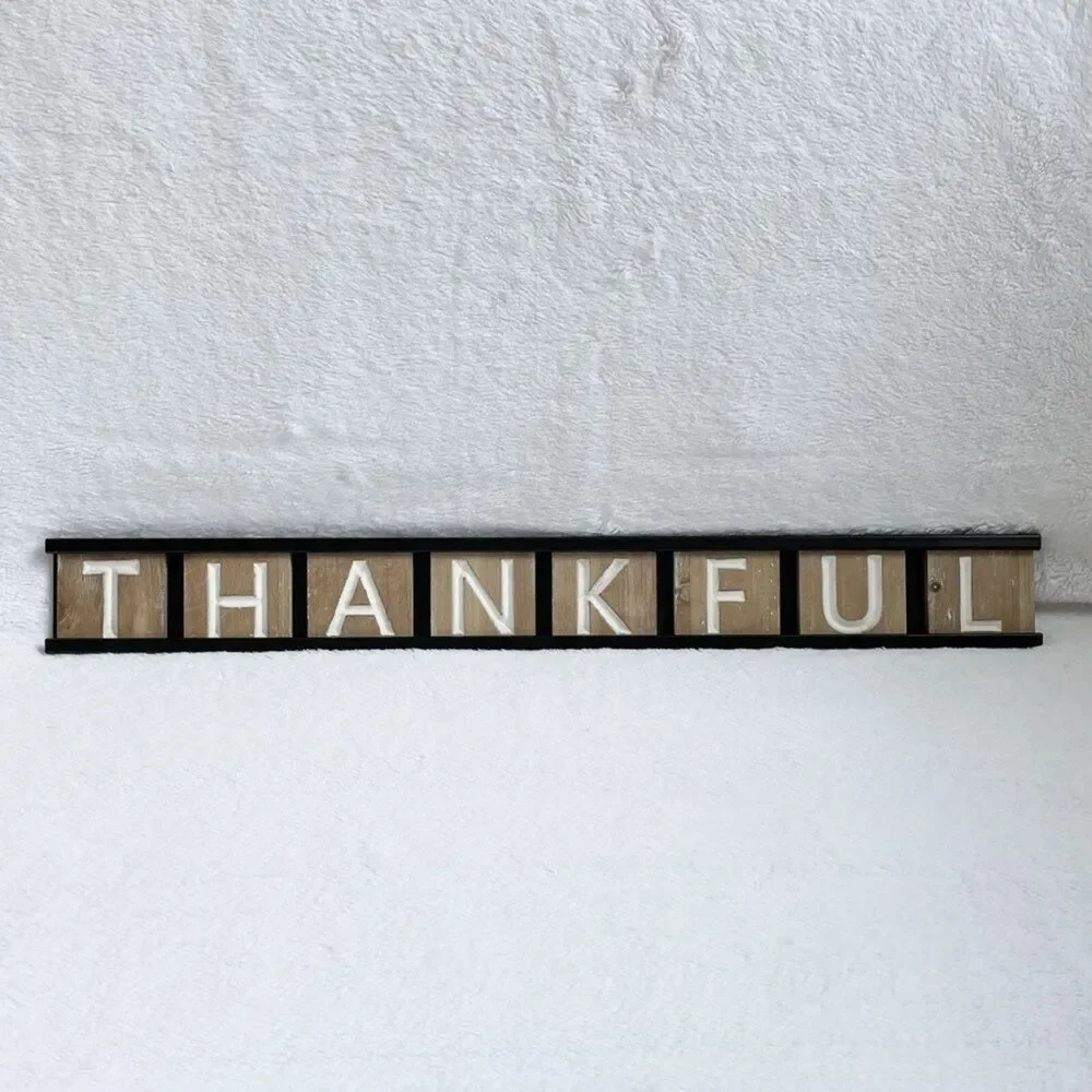 Thankful Hanging Sign Wood Letter Block Metal Frame Rustic Home Decor